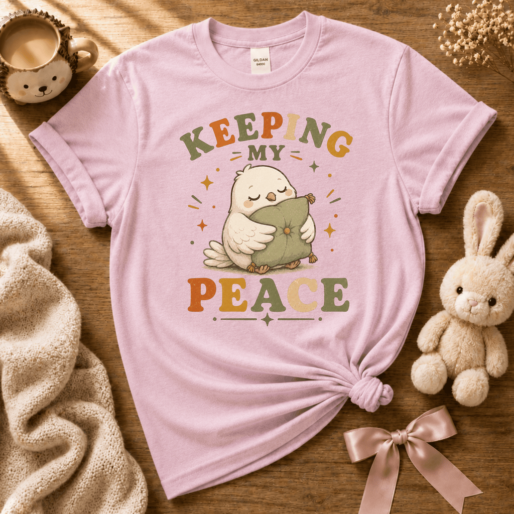 Keeping My Peace cute animal graphic t-shirt displayed in a cozy flat lay in light pink.