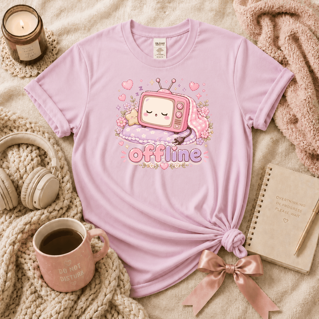 Offline introvert graphic t-shirt cozy flat lay in light pink.