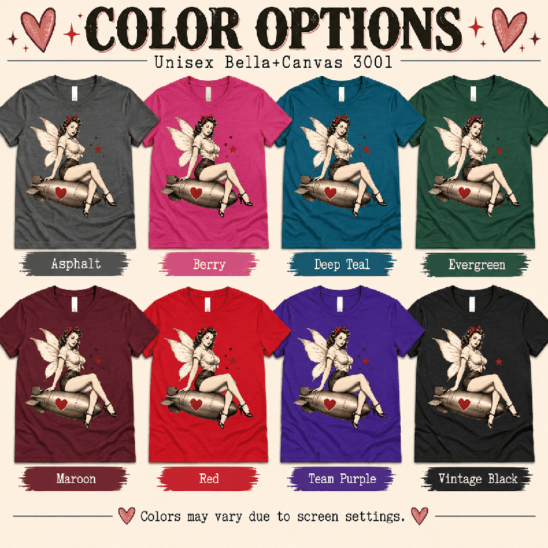 Love Bomb Fairy Premium T-Shirt color chart: Asphalt, Berry, Deep Teal, Evergreen, Maroon, Red, Team Purple, Vintage Black