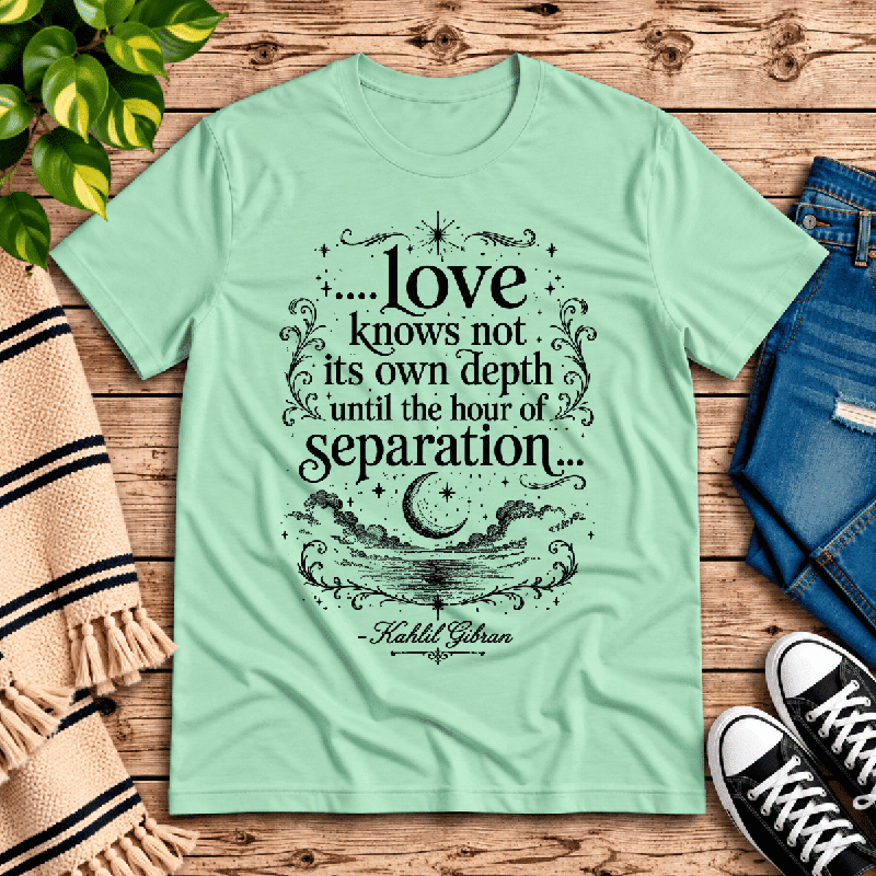 Love Knows Not Premium T-Shirt in mint, flat lay with Kahlil Gibran quote and crescent moon graphic