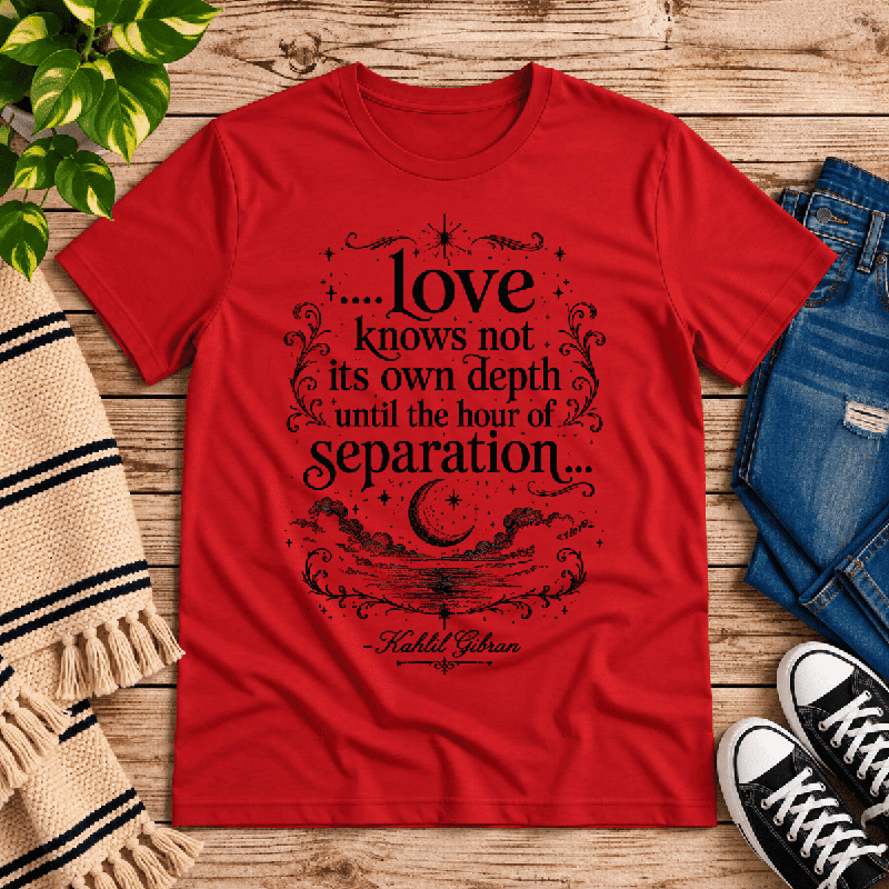 Love Knows Not Premium T-Shirt in red, flat lay