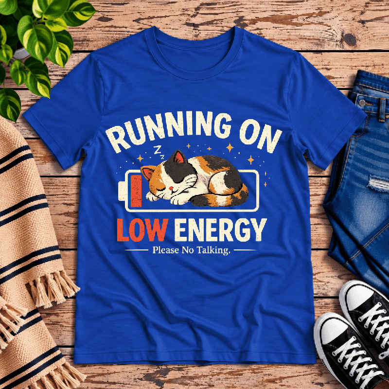 Low Energy Cat Premium T-Shirt in true royal blue, flat lay