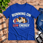 Low Energy Cat Premium T-Shirt in true royal blue, flat lay