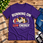 Low Energy Cat Premium T-Shirt in team purple, flat lay