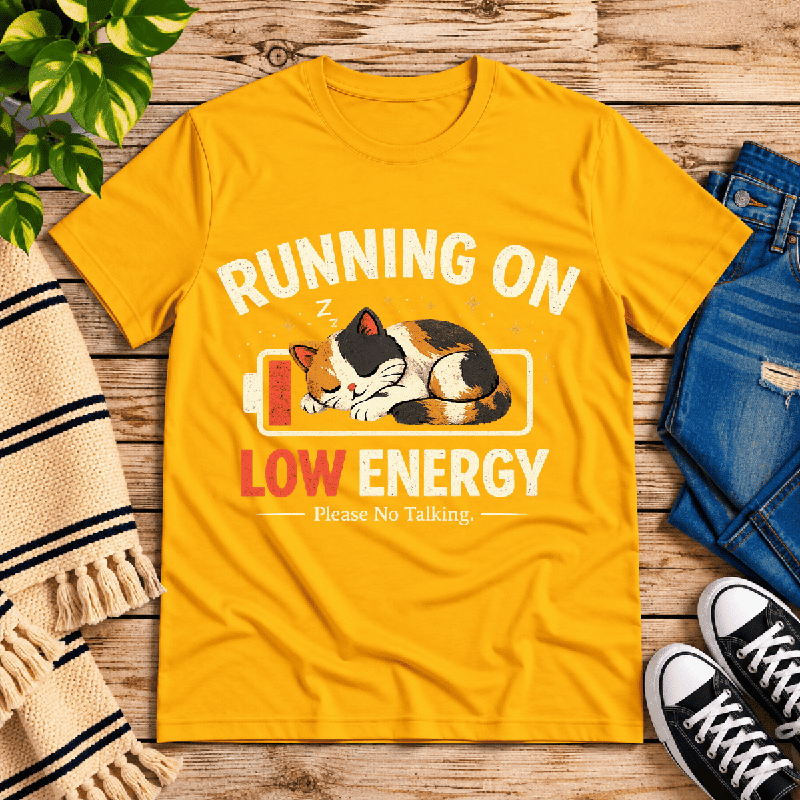 Low Energy Cat Premium T-Shirt in gold, flat lay