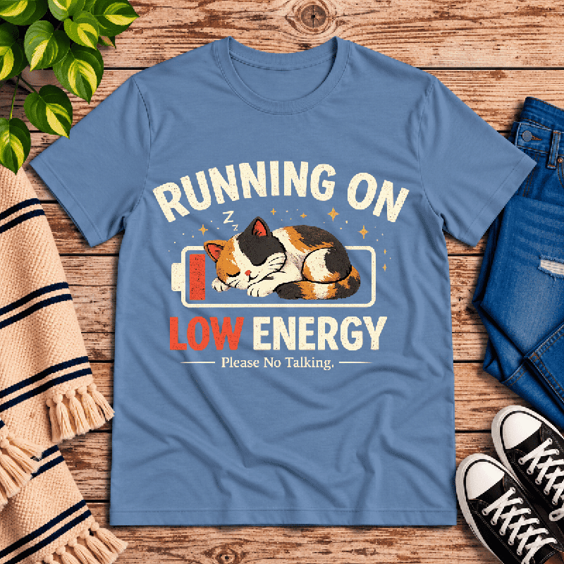 Low Energy Cat Premium T-Shirt in steel blue, flat lay