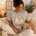 Woman petting a rabbit, wearing the Low Noise Bunny Premium T-Shirt in athletic heather gray