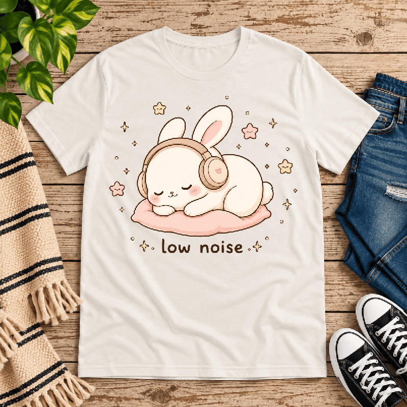 Low Noise Bunny Premium T-Shirt in vintage white, flat lay with sleeping bunny wearing headphones graphic