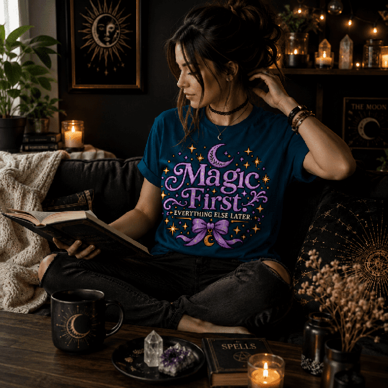 Woman reading a book on a couch, wearing the Magic First Premium T-Shirt in deep teal