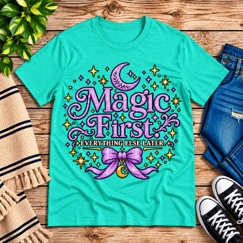 Magic First Premium T-Shirt in heather sea green, flat lay