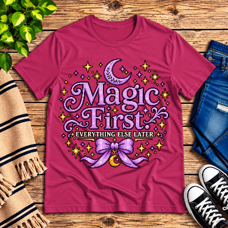 Magic First Premium T-Shirt in berry, flat lay
