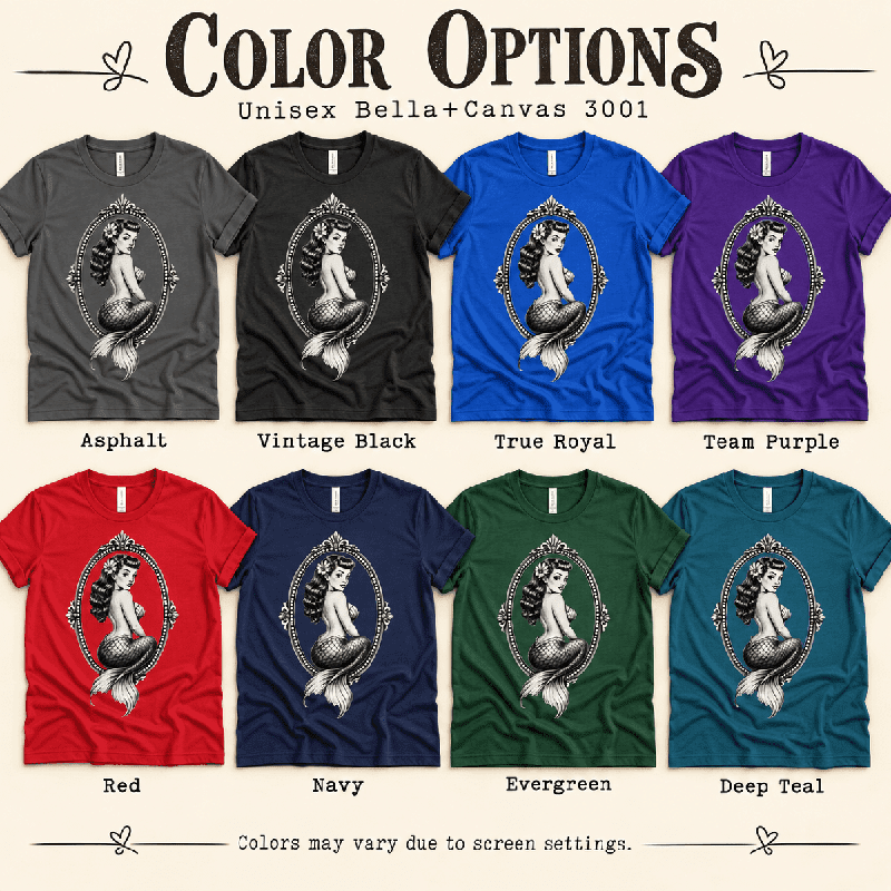 Mermaid Cameo Premium T-Shirt color chart: Asphalt, Vintage Black, True Royal, Team Purple, Red, Navy, Evergreen, Deep Teal