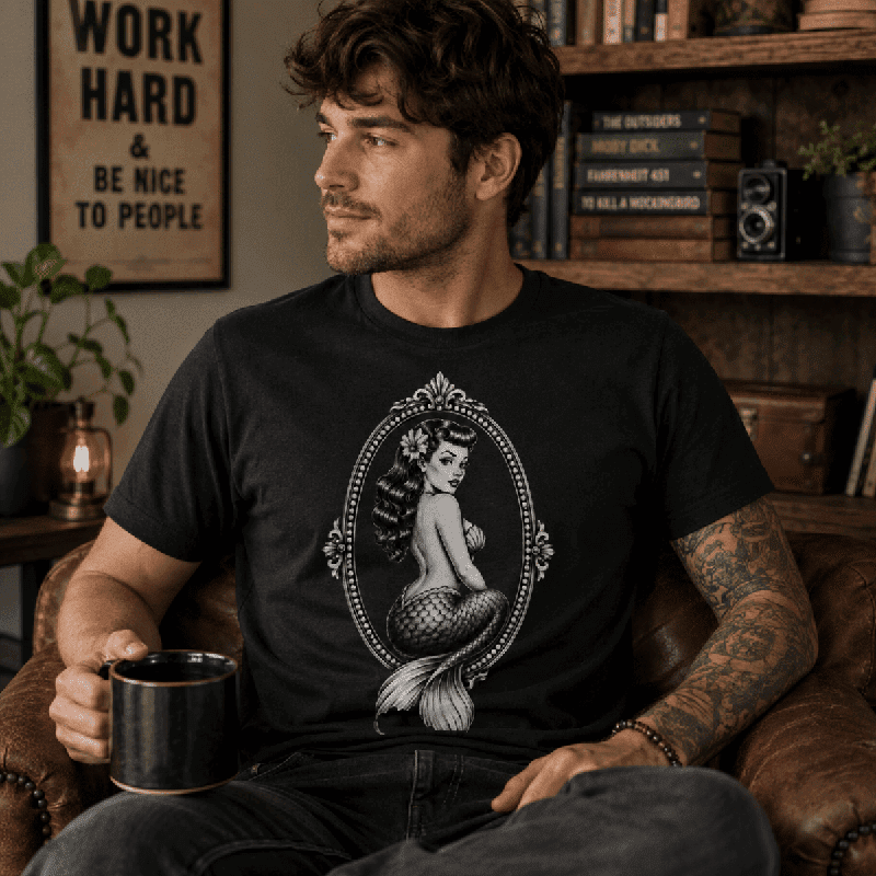Man sitting in a leather chair holding a mug, wearing the Mermaid Cameo Premium T-Shirt in vintage black