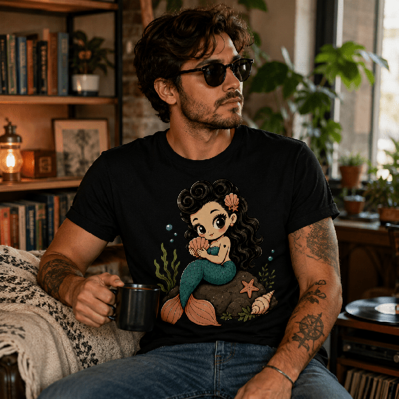 Man sitting indoors holding a mug, wearing the Mermaid Molly Premium T-Shirt in vintage black