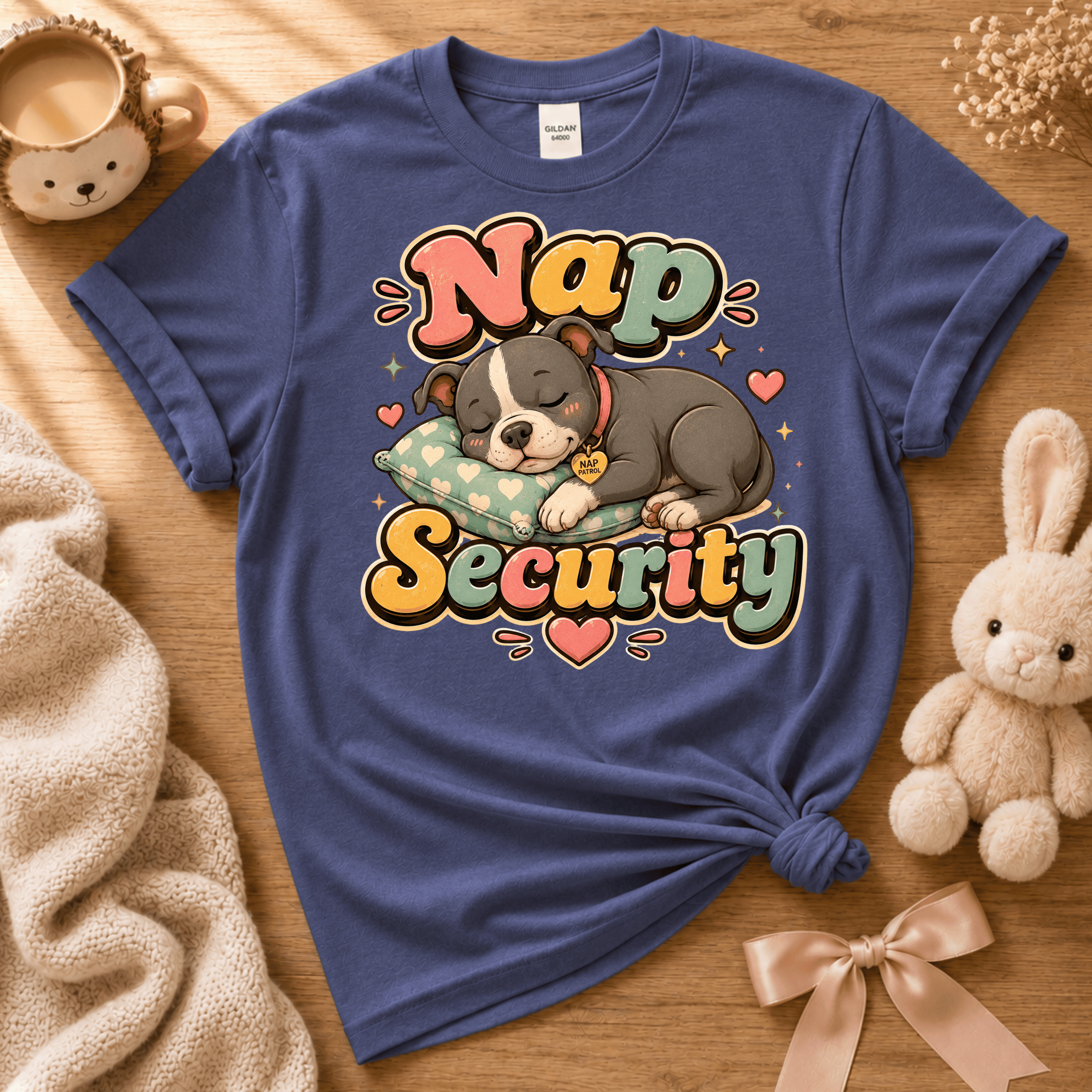 Nap Security cute animal graphic t-shirt displayed in a cozy flat lay in metro blue.