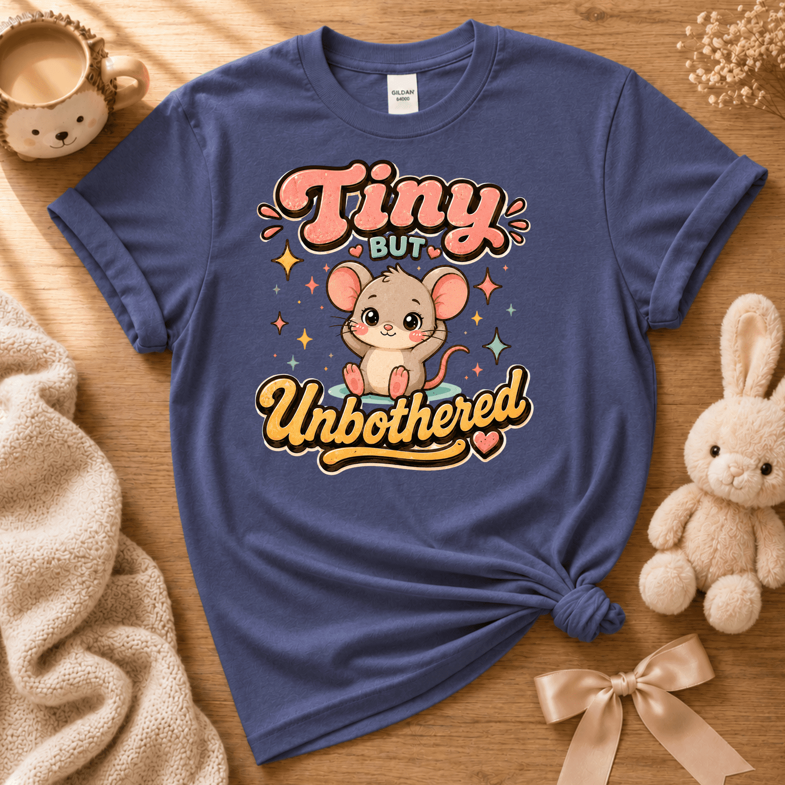 Tiny but Unbothered cute animal graphic t-shirt cozy flat lay in metro blue.
