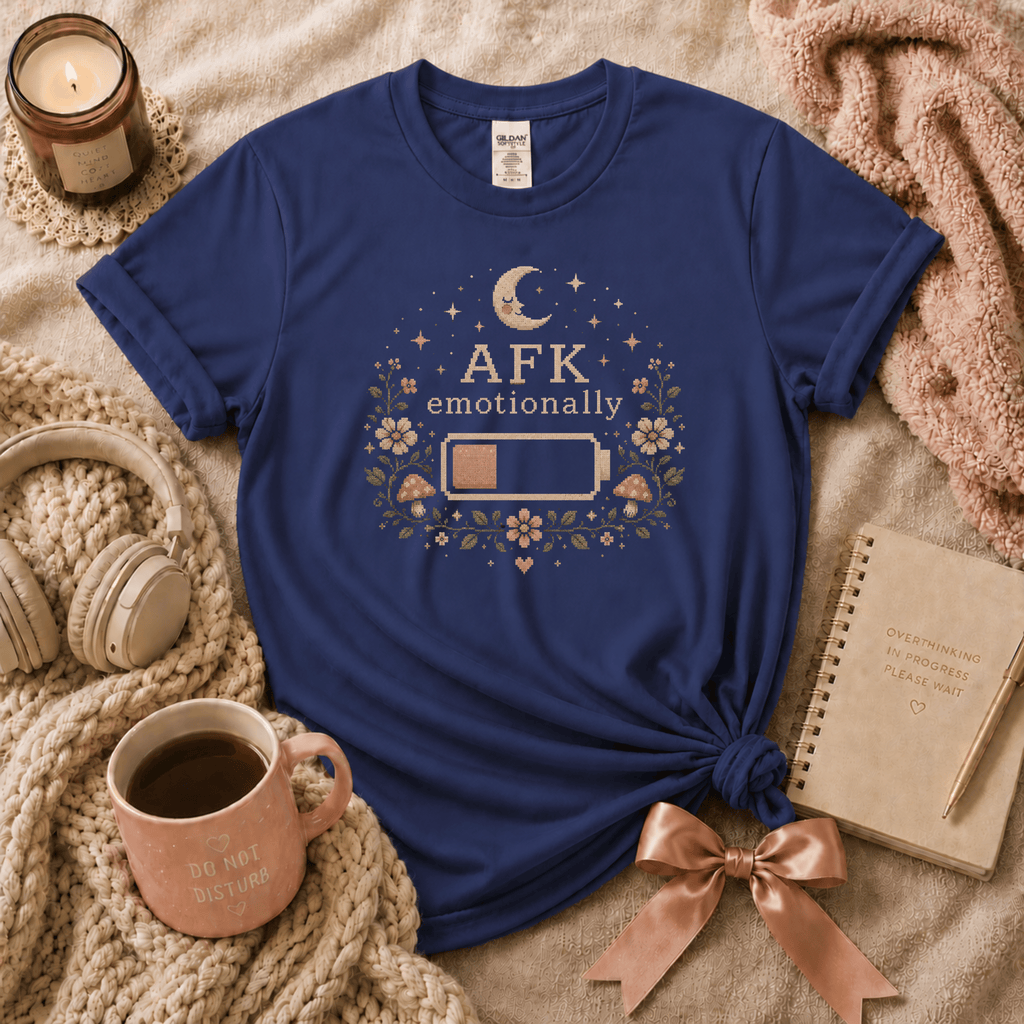 AFK introvert graphic t-shirt cozy flat lay in metro blue.