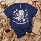 I'd Rather Be In Space introvert graphic t-shirt cozy flat lay in metro blue.