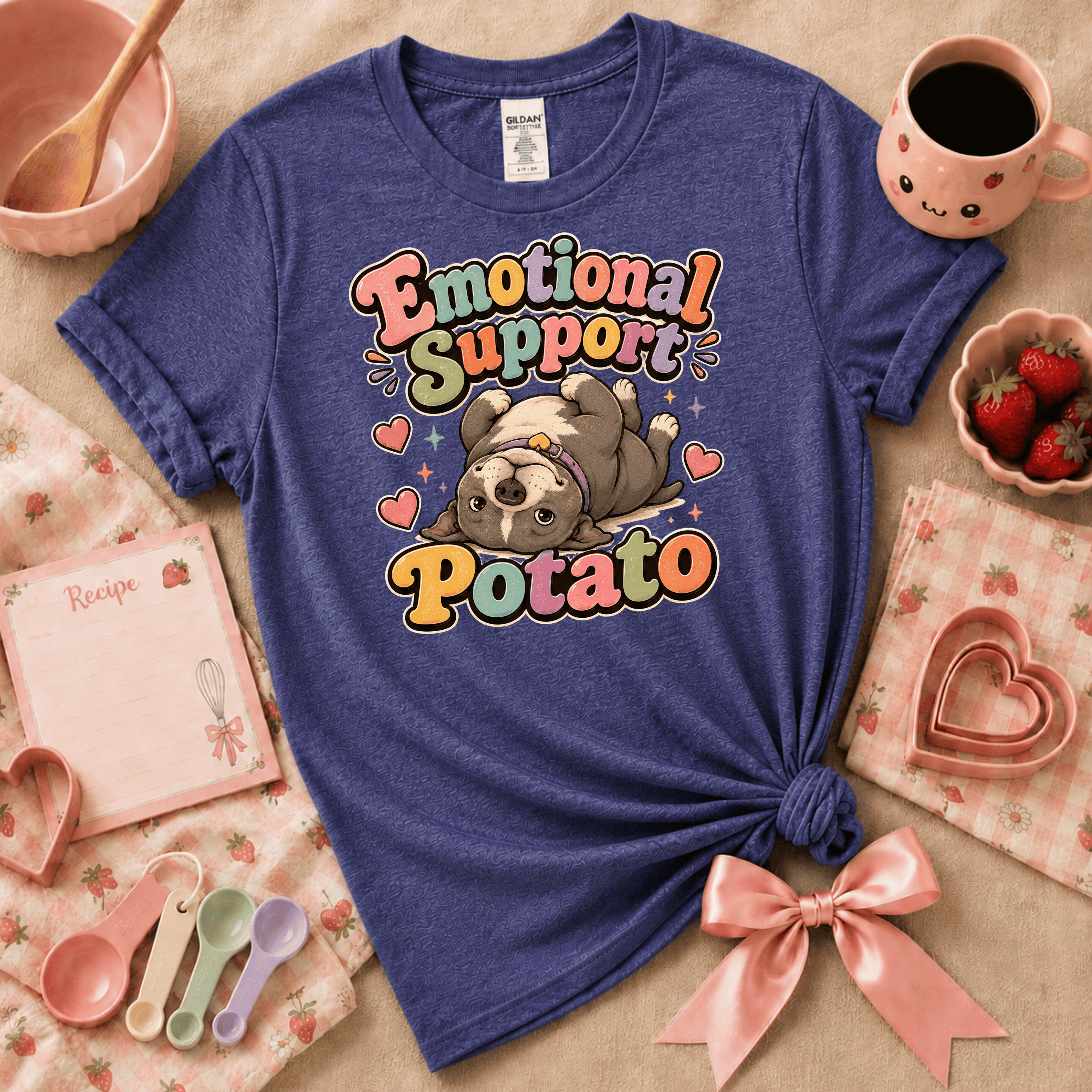 Emotional Support Potato cute animal graphic t-shirt displayed in a cozy flat lay in metro blue.