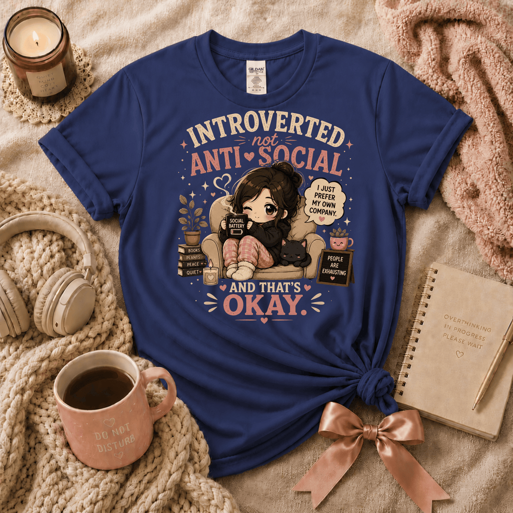 Not Anti-Social introvert graphic t-shirt cozy flat lay in metro blue.