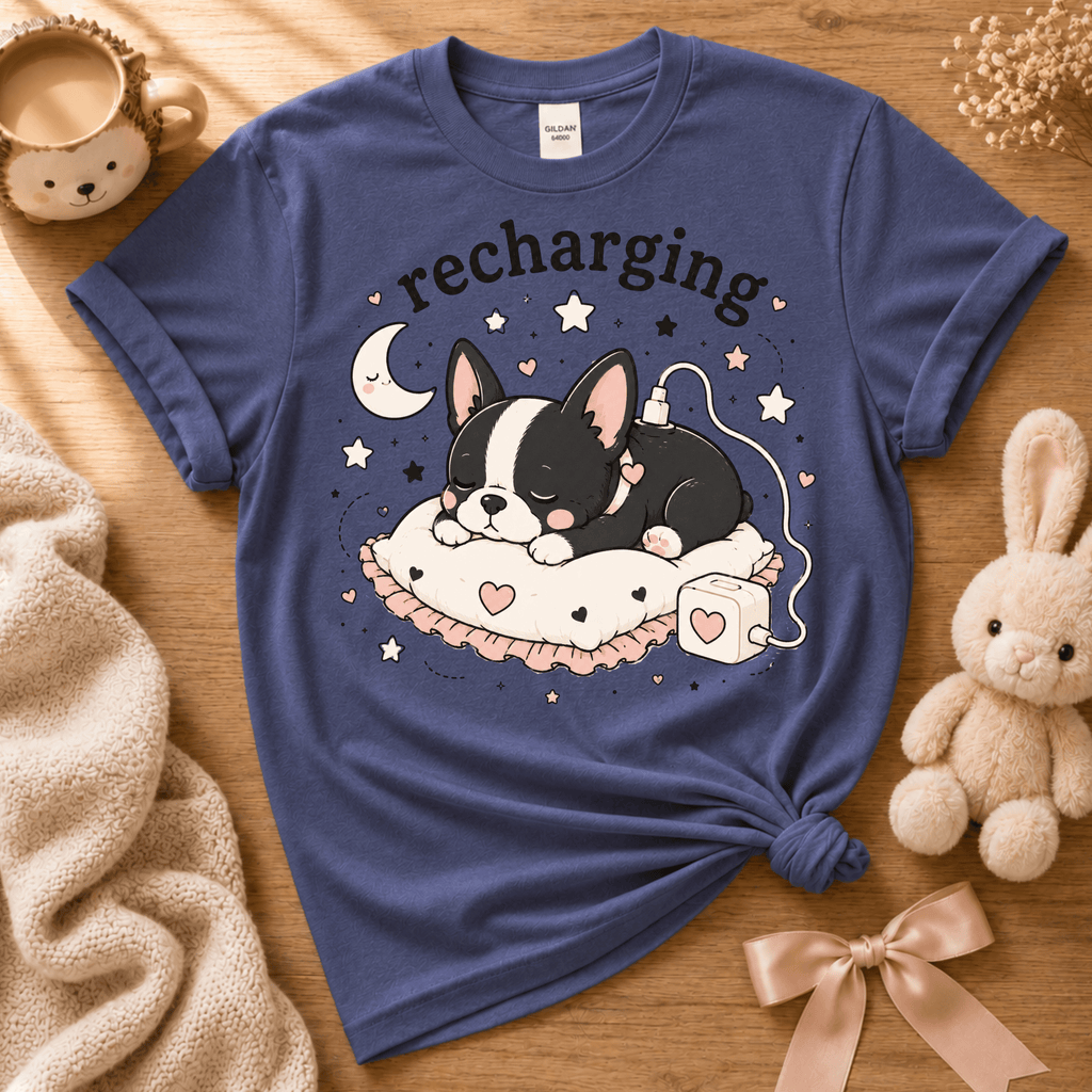 Sleeping Boston cute animal graphic t-shirt cozy flat lay in metro blue.