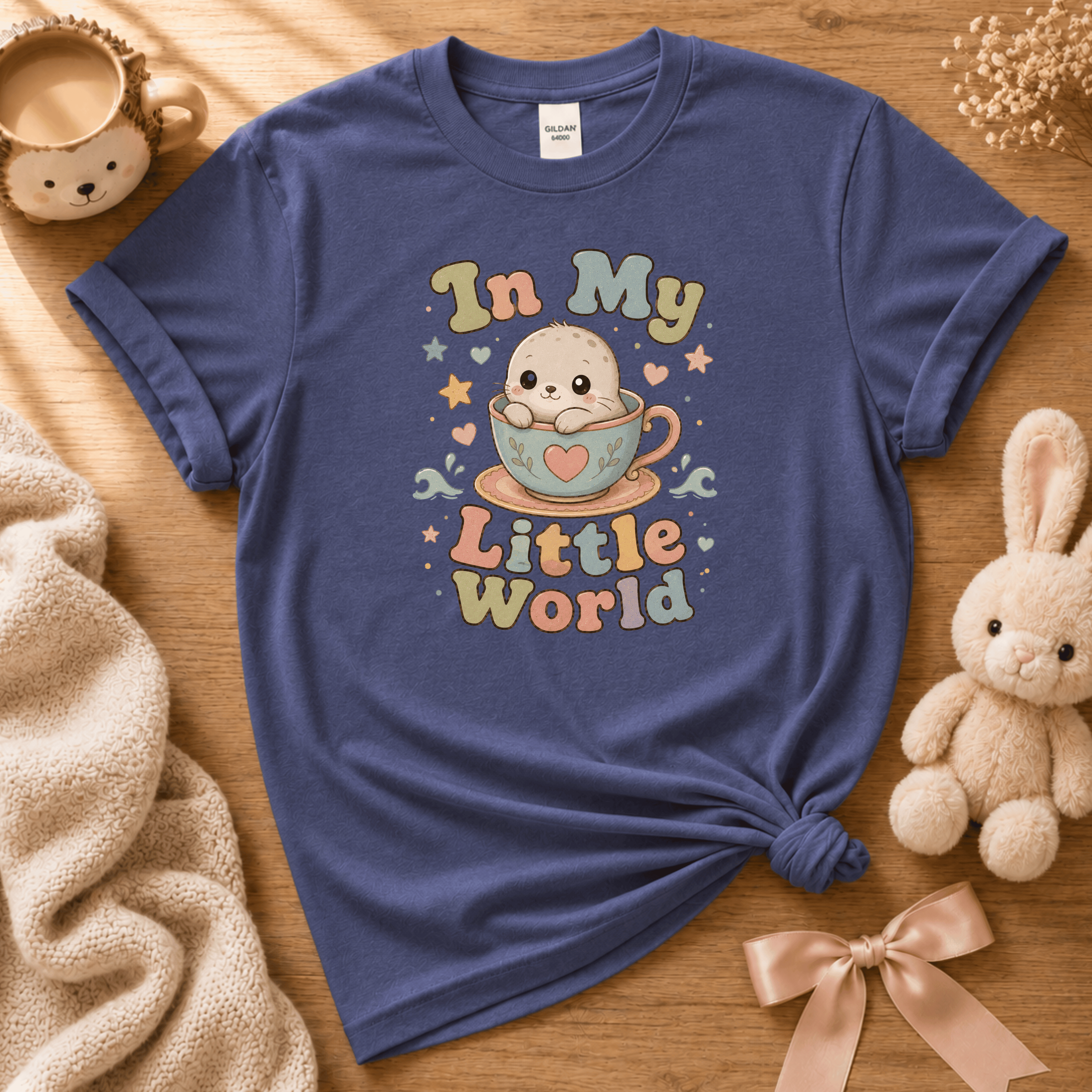 In My Little World cute animal graphic t-shirt cozy flat lay in metro blue.