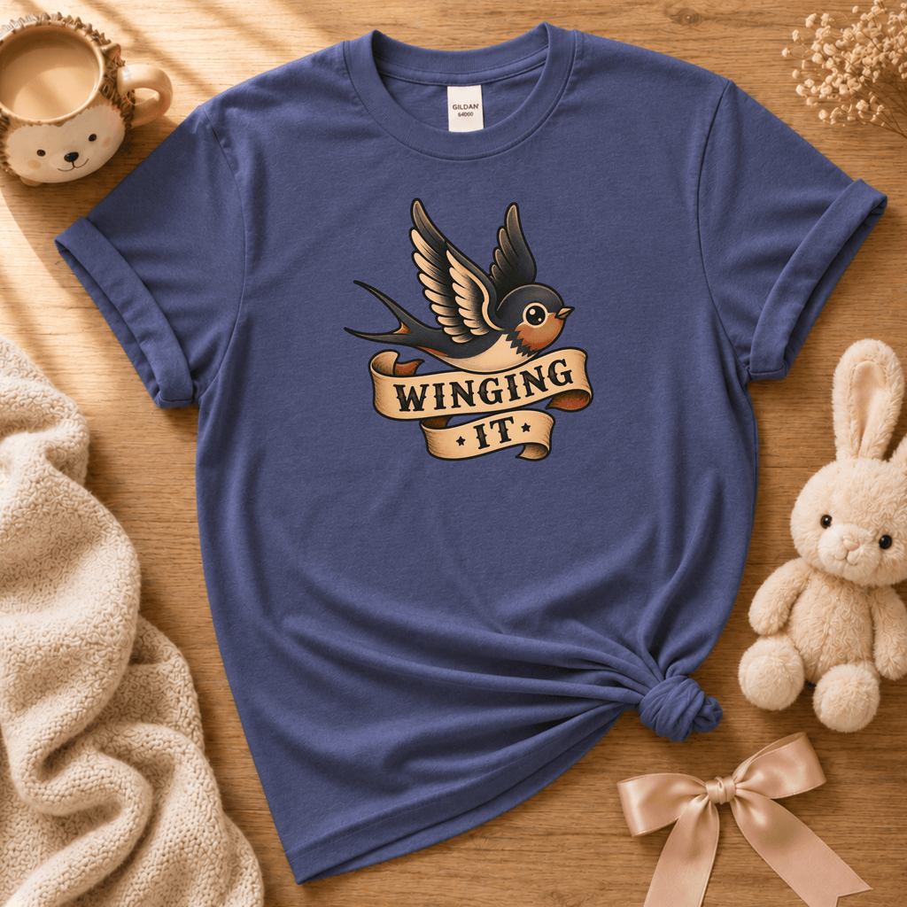 Winging it cute animal graphic t-shirt displayed in a cozy flat lay in metro blue.