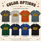 Mild Panic Premium T-Shirt color chart: Asphalt, Athletic Heather, Burnt Orange, Deep Teal, Evergreen, Navy, True Royal, Vintage Black
