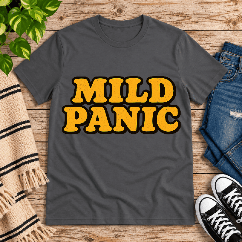 Mild Panic Premium T-Shirt in asphalt gray, flat lay with bold "Mild Panic" bubble-letter graphic