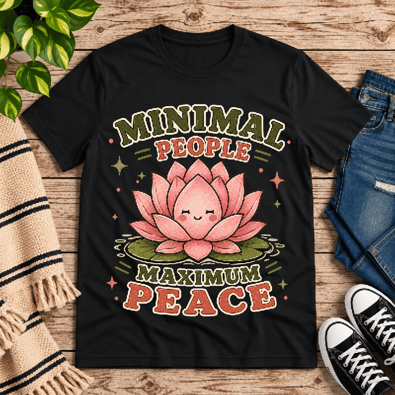 Minimal People Premium T-Shirt in vintage black, flat lay with smiling lotus flower and "Minimal People Maximum Peace" graphic