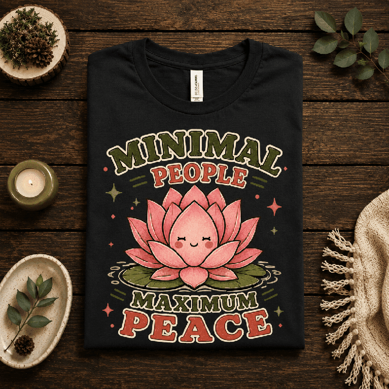 Minimal People Premium T-Shirt in vintage black, folded close-up styled with a candle and greenery
