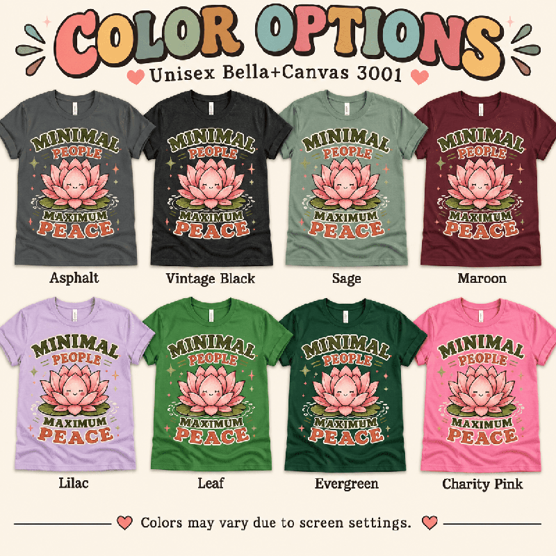 Minimal People Premium T-Shirt color chart: Asphalt, Vintage Black, Sage, Maroon, Lilac, Leaf, Evergreen, Charity Pink