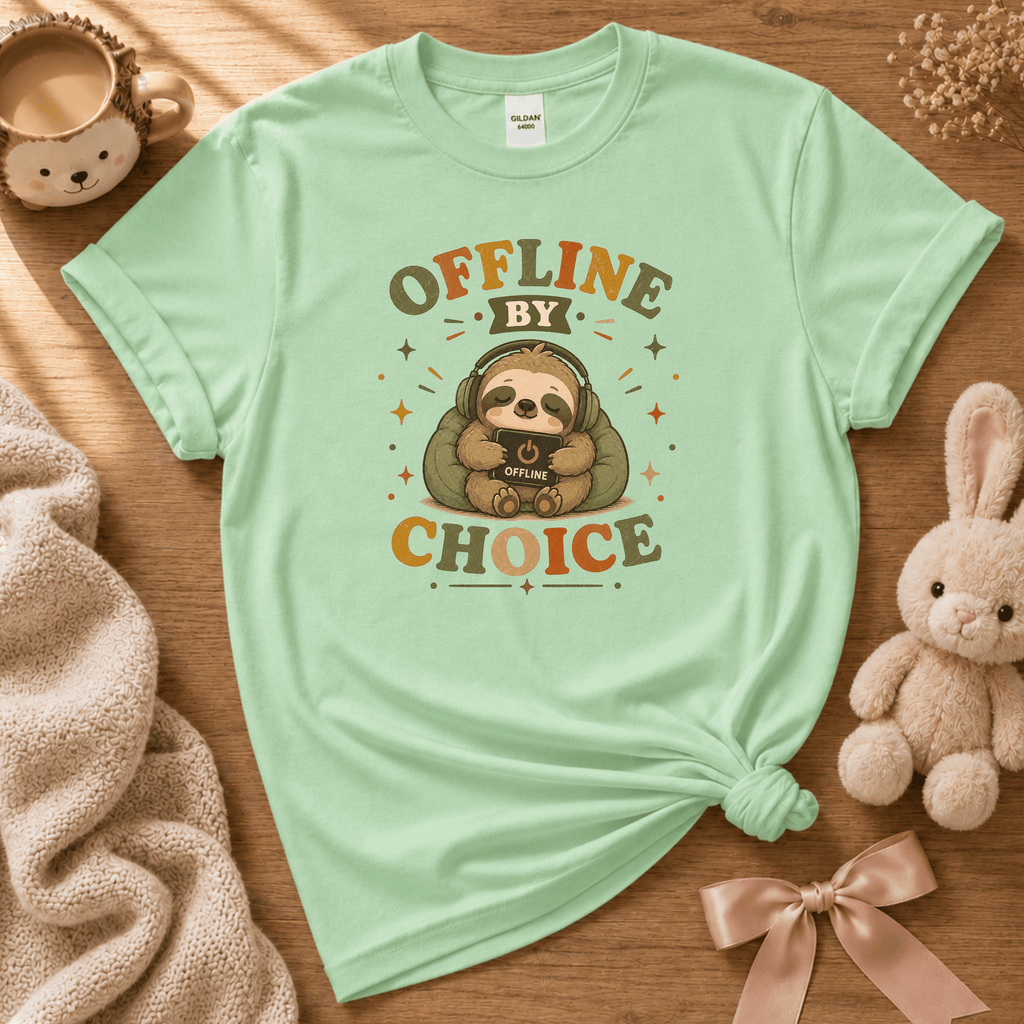 Offline By Choice cute animal graphic t-shirt cozy flat lay in mint green.