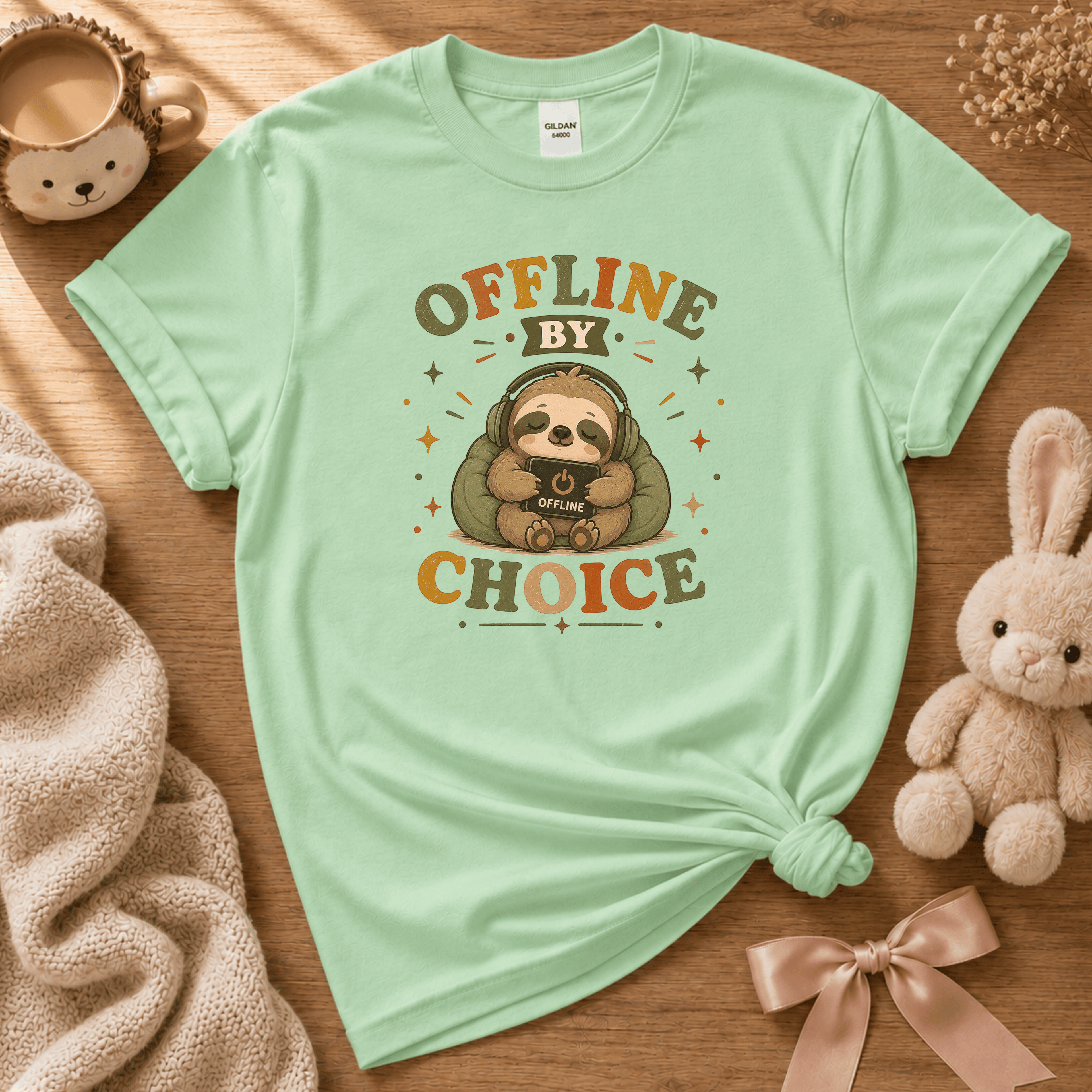 Offline By Choice cute animal graphic t-shirt cozy flat lay in mint green.