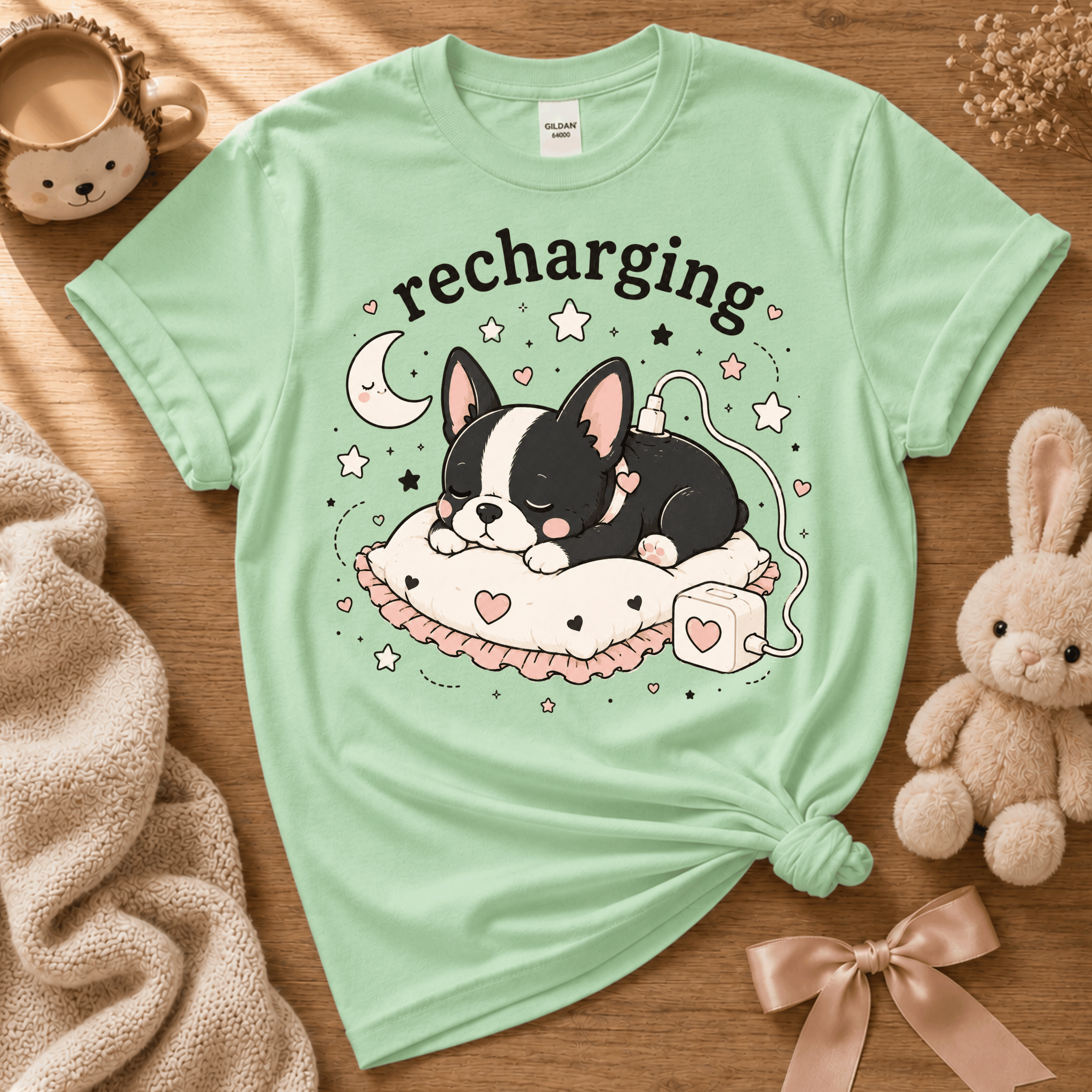 Sleeping Boston cute animal graphic t-shirt displayed in a cozy flat lay in mint green.