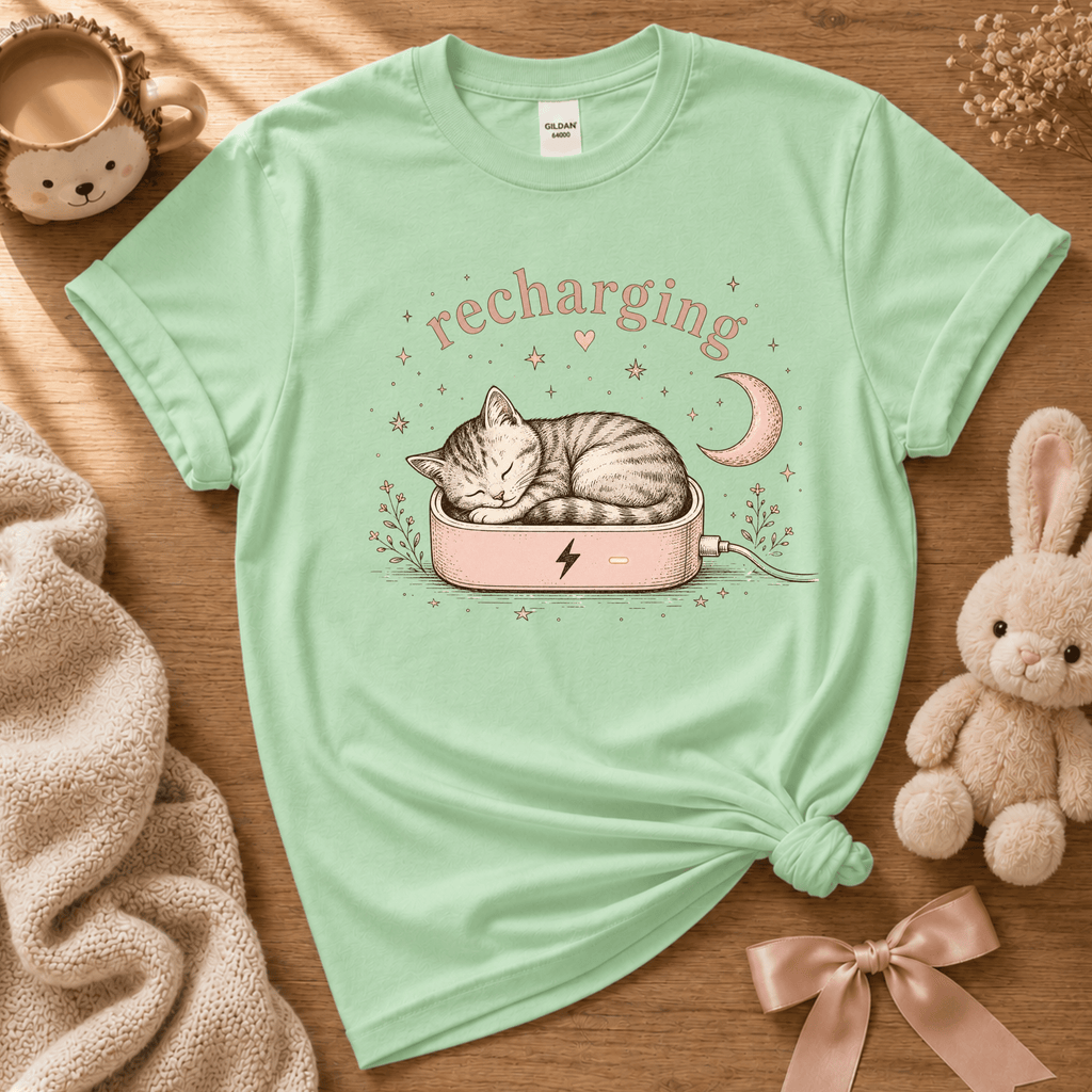 Recharging Cat | Cute Animal Graphic T-Shirt