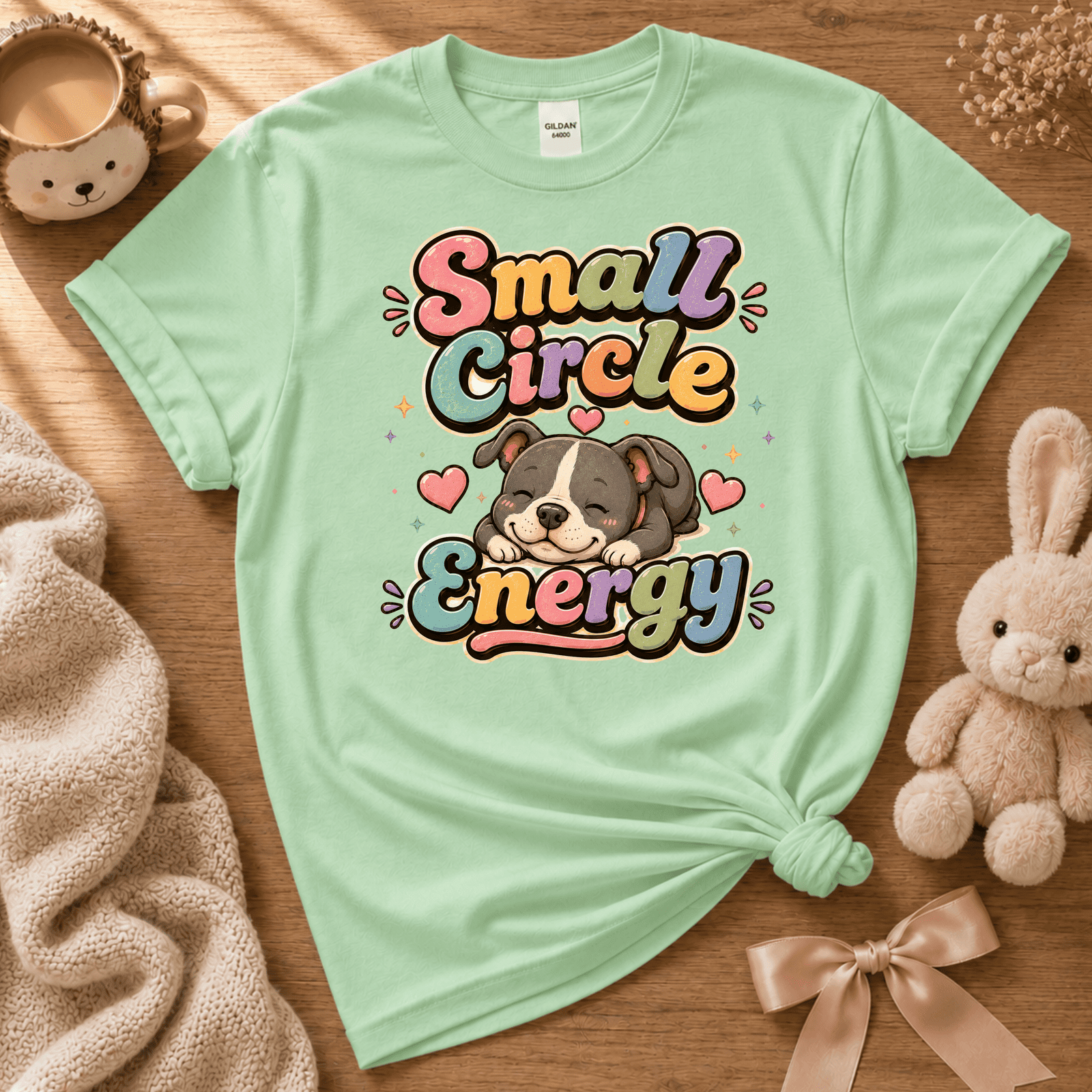 Small Circle Energy cute animal graphic t-shirt cozy flat lay in mint green.