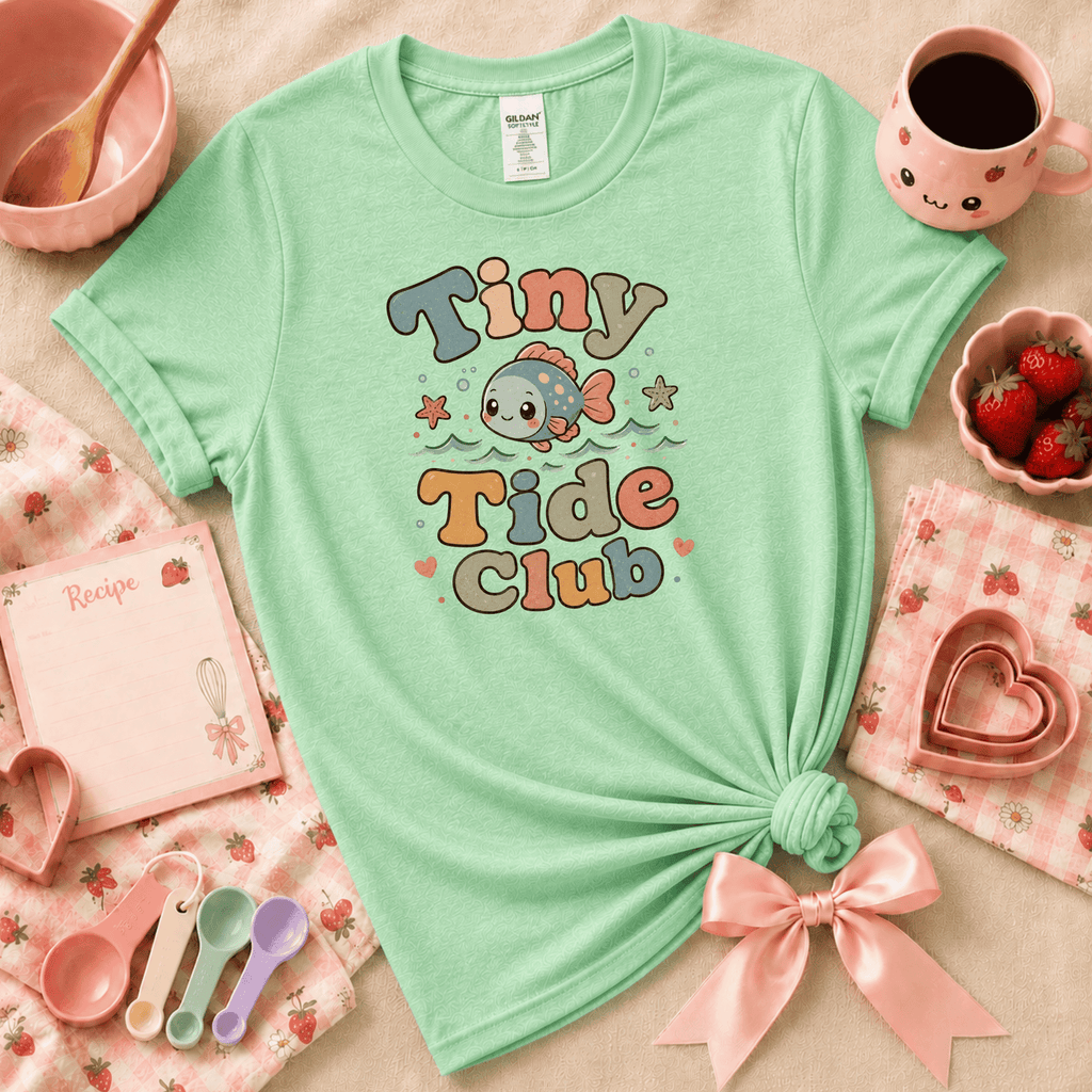 Tiny Tide Club cute animal graphic t-shirt displayed in a cozy flat lay in mint green.
