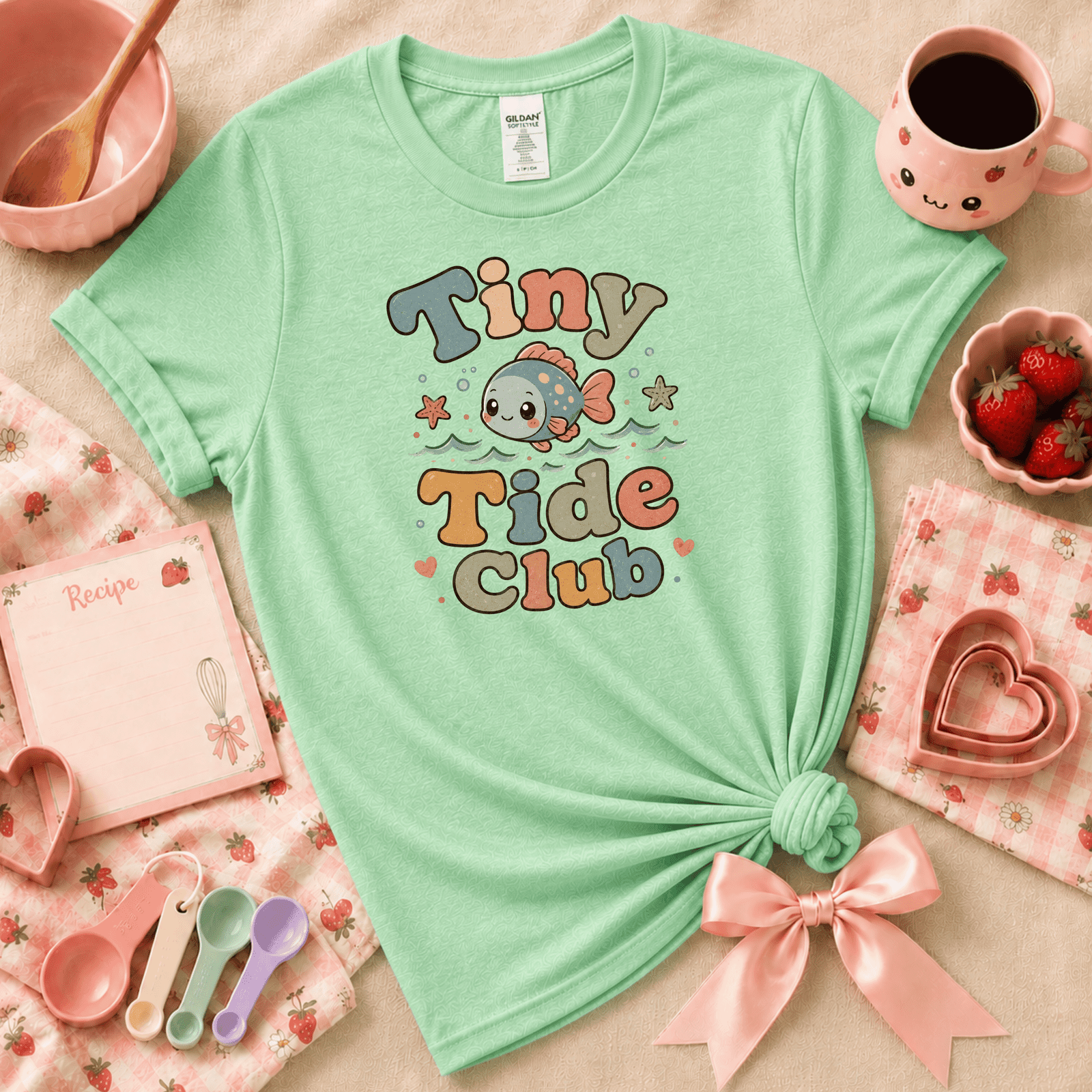 Tiny Tide Club cute animal graphic t-shirt displayed in a cozy flat lay in mint green.