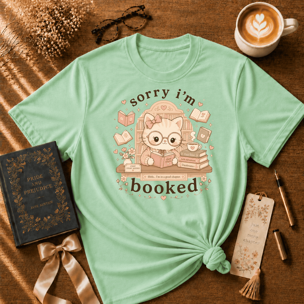 I'm Booked book lover graphic t-shirt cozy flat lay in mint green.