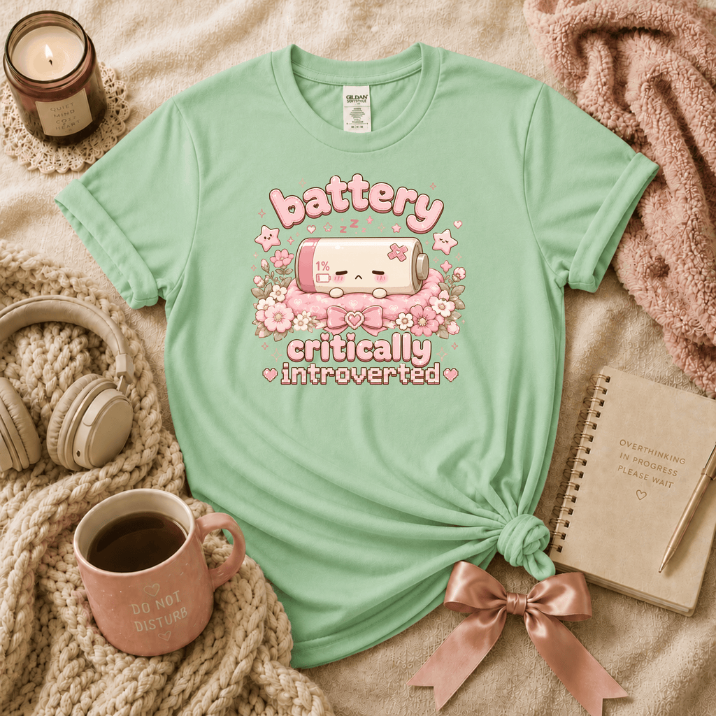 Battery introvert graphic t-shirt cozy flat lay in mint green.