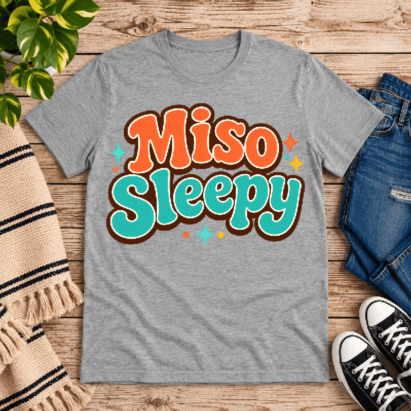 Miso Sleepy Premium T-Shirt in athletic heather gray, flat lay