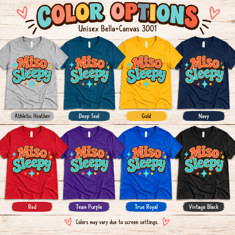 Miso Sleepy Premium T-Shirt color chart: Athletic Heather, Deep Teal, Gold, Navy, Red, Team Purple, True Royal, Vintage Black