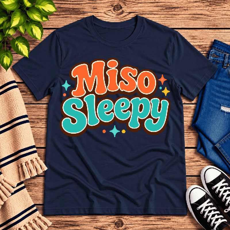 Miso Sleepy Premium T-Shirt in navy, flat lay with retro bubble-letter "Miso Sleepy" graphic