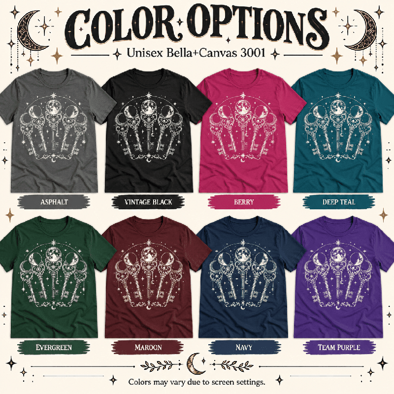 Moon Phase Keys Premium T-Shirt color chart: Asphalt, Vintage Black, Berry, Deep Teal, Evergreen, Maroon, Navy, Team Purple