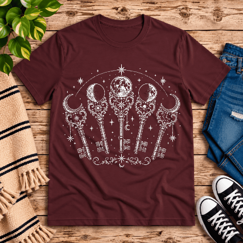 Moon Phase Keys Premium T-Shirt in maroon, flat lay