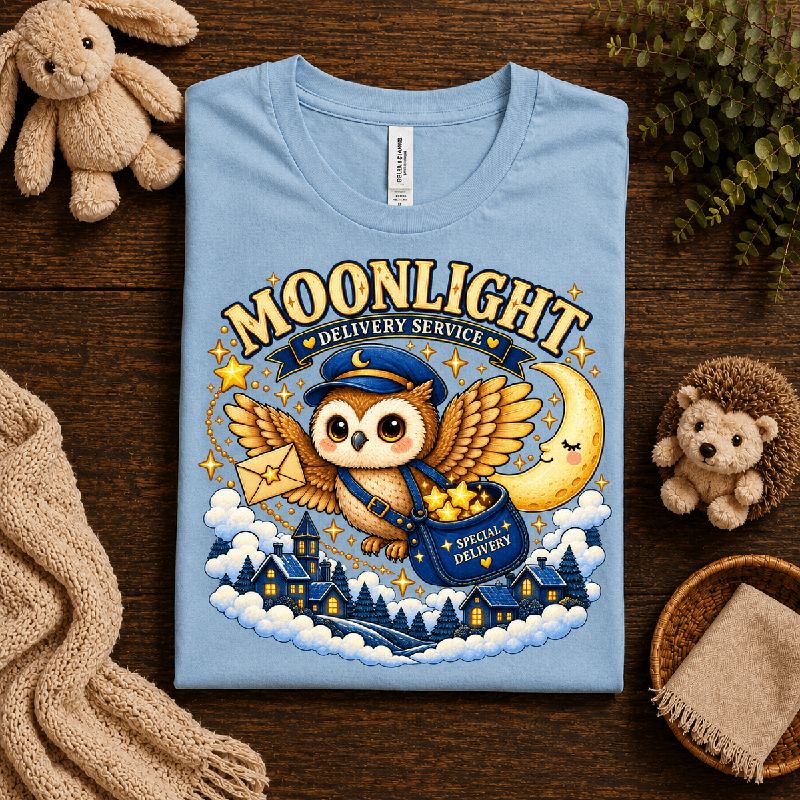 Moonlight Delivery Premium T-Shirt in baby blue, folded close-up with neck tag showing
