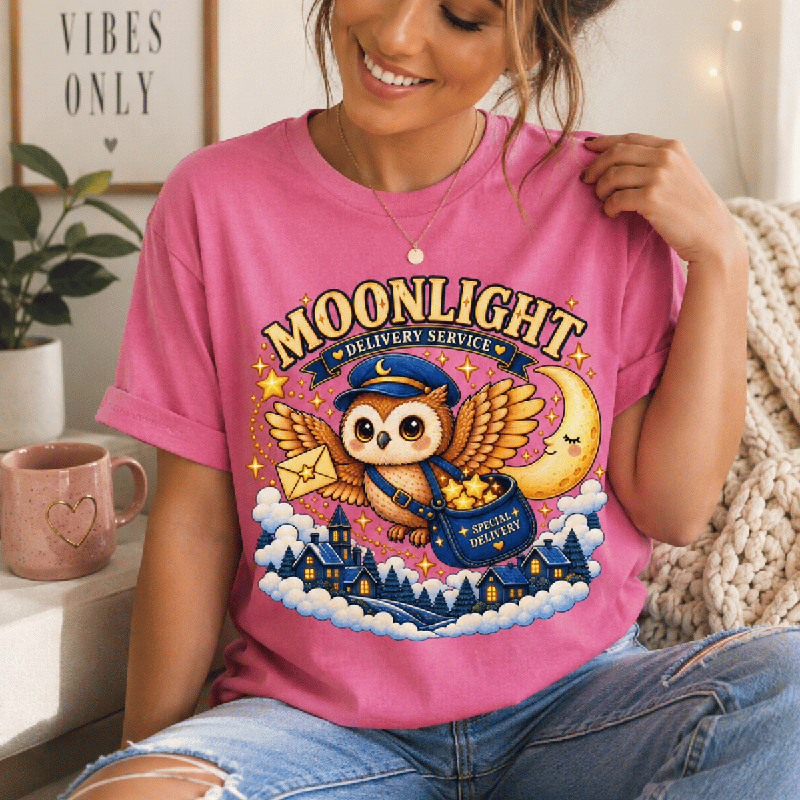 Woman wearing the Moonlight Delivery Premium T-Shirt in charity pink
