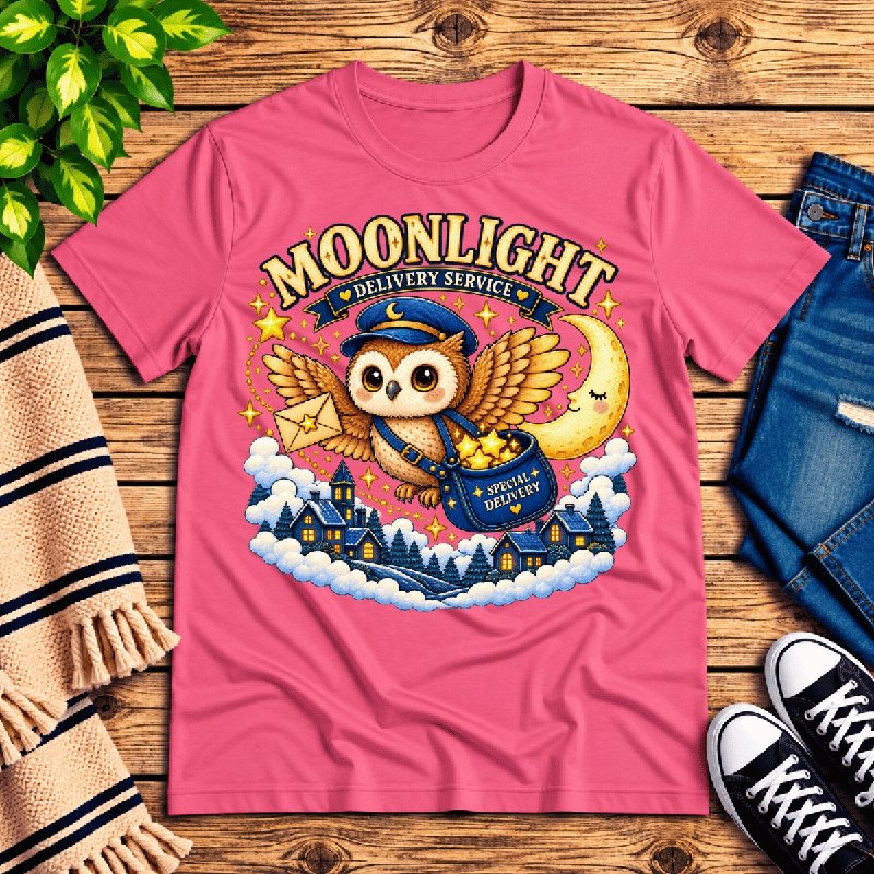 Moonlight Delivery Premium T-Shirt in charity pink, flat lay