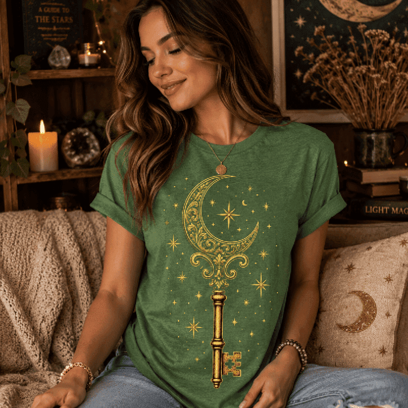 Woman sitting indoors, wearing the Moonlight Key Premium T-Shirt in leaf green